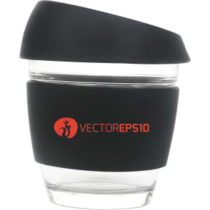 A drink bottle featuring an 8 oz clear glass body, black silicone sleeve, and cap with a logo.