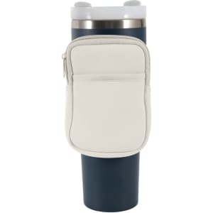 A drink bottle pouch in cream, fitted to a navy blue water bottle, featuring a zippered pocket on the side.