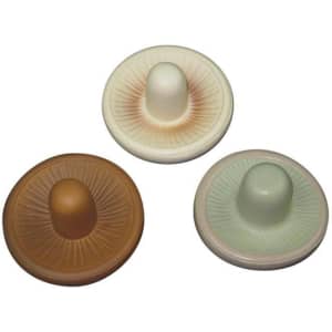 A set of three mushroom-shaped stress relievers in brown, cream, and green colours, featuring a ridged base and bulbous top.