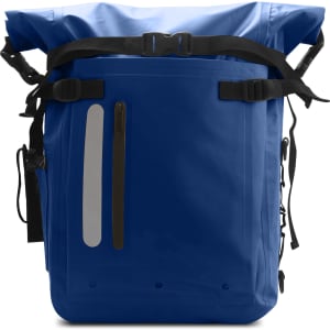 A blue waterproof roll top backpack featuring adjustable straps and a front pocket with a logo.