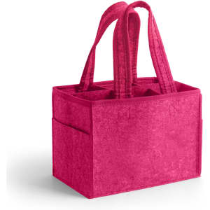 A felt wine tote bag in vibrant pink with three compartments and two handles. Features side pockets.
