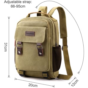 A canvas sling backpack in olive green with adjustable straps, featuring multiple compartments and a logo.