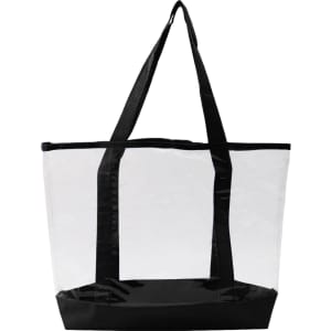 A transparent handbag with black vinyl accents and sturdy black handles. It has a spacious open design.