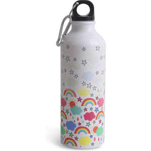 A drink bottle featuring a white body with colourful rainbow and cloud designs, complemented by a black cap and carabiner.