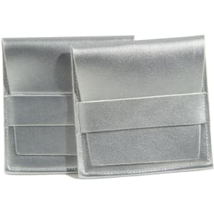 A silver PU leather flip jewelry pouch featuring a secure strap and soft texture, with two pouches in the image.
