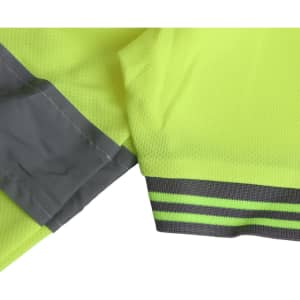 A bright yellow reflective polo shirt featuring grey accents and striped details on the sleeves. It has a logo.