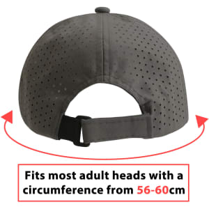 A grey perforated cap with an adjustable strap at the back, designed for adult head sizes 56-60 cm.