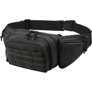 A black tactical fanny pack featuring multiple pockets and a textured front panel. It has an adjustable belt.