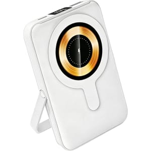 A white 10,000mAh magnetic wireless power bank featuring a phone stand and a circular design.