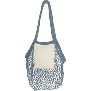 A mesh foldaway cotton tote bag in navy with a cream pocket, featuring a logo on the side.