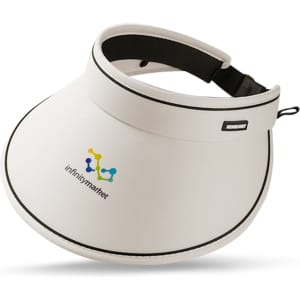 A wide-brim sun visor hat in white, featuring a logo on the front and a black adjustable strap.