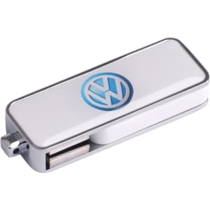 A silver and blue flash drive featuring a logo on its surface. It has a sleek, rectangular design.