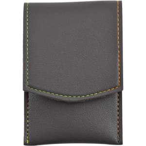 A portable manicure set in a grey synthetic leather case with contrast stitching. The case features a flap closure and a logo.