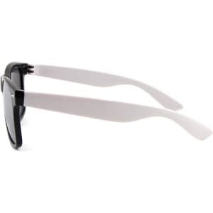 Stylish sunglasses featuring a black frame and white arms, with darker lenses and a logo on the side.