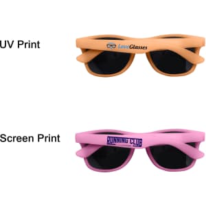 Colour changing sunglasses in orange and pink frames with dark lenses, featuring different print styles and a logo.