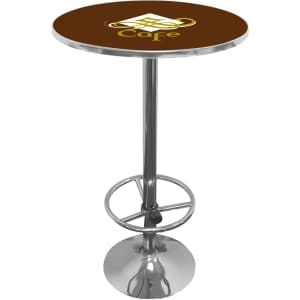 A bar table with a round brown top and a stainless steel base, featuring a logo on the surface.