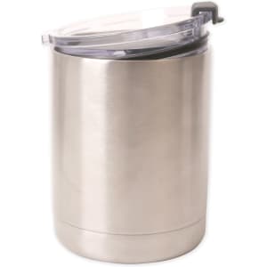 A drink bottle with a stainless steel body, featuring a clear plastic lid and a sleek design.