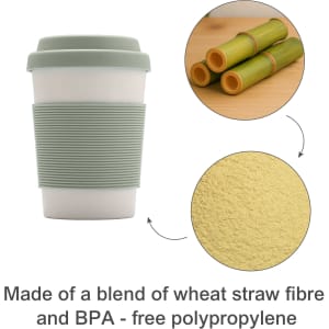 A drink cup made of bamboo fibre and BPA-free polypropylene, featuring a light green silicone lid and sleeve.