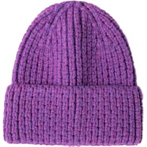 A purple twisted cable cuffed beanie with a textured knit design and a folded brim. It features a logo.