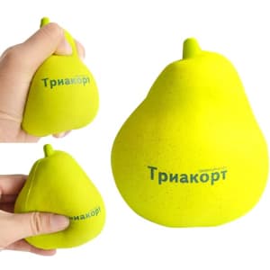 A yellow pear-shaped stress reliever held in a hand, featuring a logo on the side.