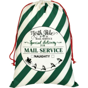 A green and white striped drawstring bag featuring a label with a mail service theme and decorative elements.