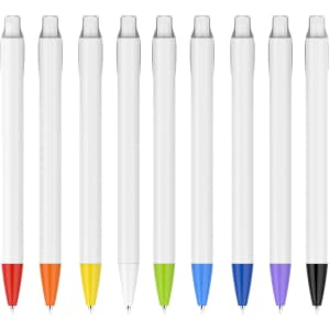 A row of plastic pens with creamy white barrels in various ink colours: red, orange, yellow, green, blue, and black.