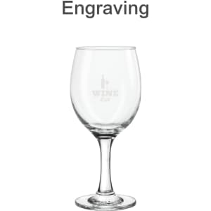 A clear wine glass with a stem, featuring a logo. It has a smooth, minimalist design.