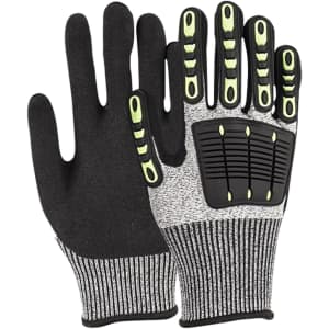 Heavy duty safety work gloves in black and grey, featuring reinforced thumb web and protective grips on the palm.