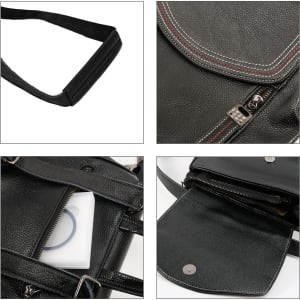 A black leather convertible backpack with a zippered pocket and adjustable strap, featuring a simple, elegant design.