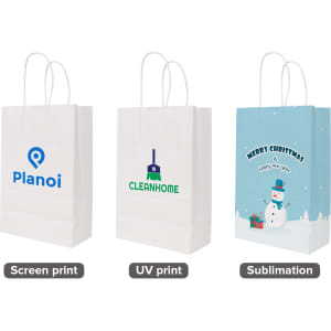 Three white kraft paper bags with twisted handles, featuring different printed designs and logos.