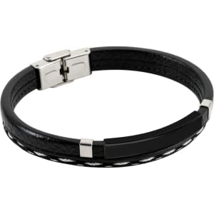 A personalized leather bracelet featuring a sleek black design with a metallic clasp and detailing.