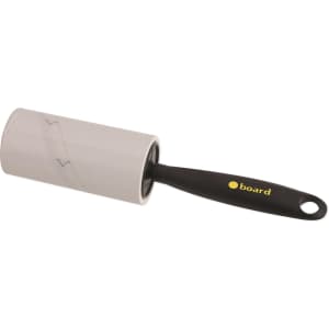 A lint remover with a grey adhesive roller and a black handle, featuring a logo on the handle.