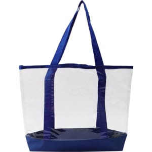 A transparent handbag with navy blue straps and base, featuring a simple design and ample storage space.