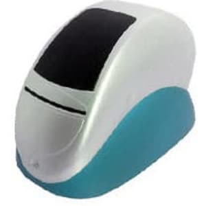 A stress reliever shaped like a stapler, featuring a white body with a turquoise base. It has a smooth, curved design.