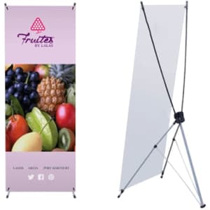 A medium X-frame banner featuring a colourful array of fruits, with a logo at the top and a light background.