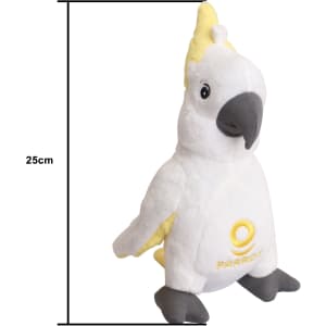 A plush cockatoo toy in white and yellow, approximately 25cm tall, featuring a grey beak and feet, with a logo.