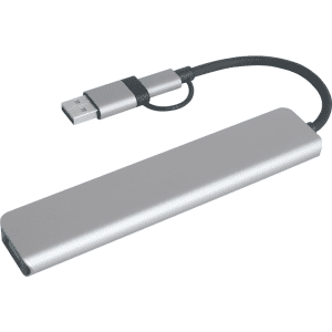 A silver 7-in-1 USB hub with a black cable attached, featuring a USB connector.