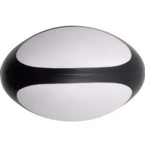 A stress rugby ball in black and white, featuring a smooth surface and a rounded shape.