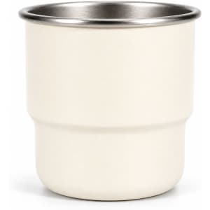 A camping mug in cream colour with a stainless steel rim and single wall design. Features a logo on the side.