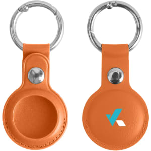 An orange PU leather AirTag holder with a keyring, featuring a logo on one side.