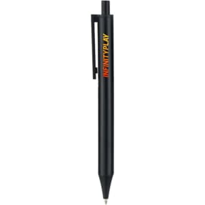A black plastic click pen with a clip and a logo printed on the side.