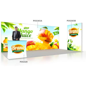 A promotional display featuring vibrant mango juice visuals, with a logo, and a grey floor setting.