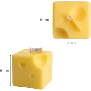 Square cheese-shaped candles in a pale yellow colour, featuring small holes and a wick on top.