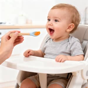 A smiling baby in a high chair reaches for a spoon with orange puree. The spoon has a silicone blue tip and wooden handle.