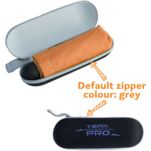 A mini folding umbrella in an orange pouch, stored in a grey case with a logo.