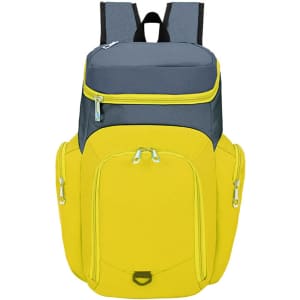 A backpack featuring a grey upper section and bright yellow lower section with multiple zippered pockets and branding.