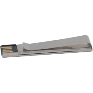 A metal clip flash drive in a sleek silver finish, featuring a USB connector and a branding logo.