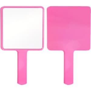 A handheld square mirror with a bright pink frame and handle, featuring a reflective surface on one side.
