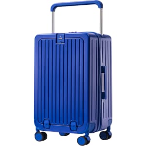 A blue hardside suitcase with a retractable handle and wheels, featuring vertical ridges and a logo.