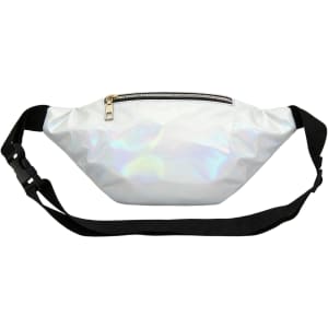 A holographic fanny pack in white with a black adjustable strap and a zippered front pocket.